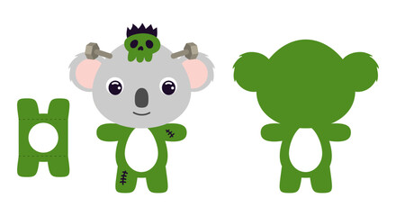 Cute die cut Halloween koala chocolate egg holder template. Cartoon animal character in a Frankenstein costume. Retail paper box for the easter egg. Printable color scheme. Vector stock illustration