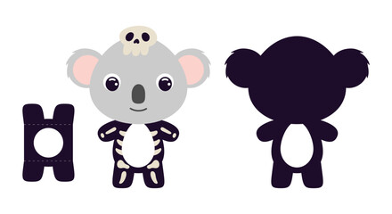 Cute die cut Halloween koala chocolate egg holder template. Cartoon animal character in a skeleton costume. Retail paper box for the easter egg. Printable color scheme. Vector stock illustration