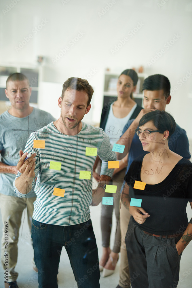 Poster manager, leader or boss talking and planning during a presentation, workshop or seminar with sticky 