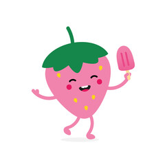 Cute smiling cartoon style pink strawberry character holding ice cream in hand.
 