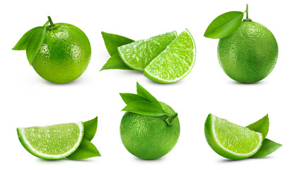 Collection lime isolated on white background. Taste lime with leaf. Full depth of field with clipping path - Powered by Adobe