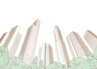 Obraz premium 高層ビルが立ち並ぶ都市景観のイラスト.