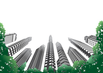 高層ビルが立ち並ぶ都市景観のイラスト.
