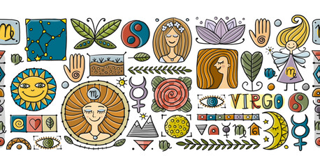 Virgo Zodiac Sign. Seamless pattern with design elements