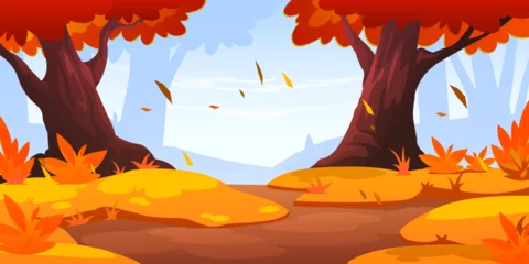 Foto op Aluminium Autumn forest landscape with orange trees and grass, dirt road or sand glade. Vector cartoon illustration of fall nature tranquil scene, yellow and red leaves falling with wind, © klyaksun