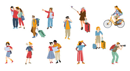 Fototapeta na wymiar Tourists go sightseeing and take photos in travel. People with phones and maps, walk or riding bike in vacation trip. Friends, couples in journey tour Line art flat vector illustration, isolated set