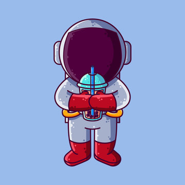 Cute Astronaut Drinking Boba Cartoon Vector Illustration. Cartoon Style Icon or Mascot Character Vector.
