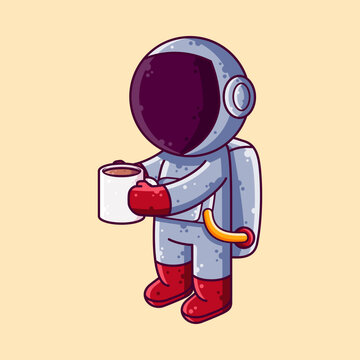 Cute Astronaut Drinking Coffee Cartoon Vector Illustration. Cartoon Style Icon or Mascot Character Vector.