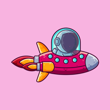 Cute Astronaut Driving Rocket Ship Cartoon Vector Illustration. Cartoon Style Icon or Mascot Character Vector.