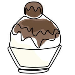 ice shaved bingsu korean japanese style sweet dessert in minimal one continuous line simple design style with color