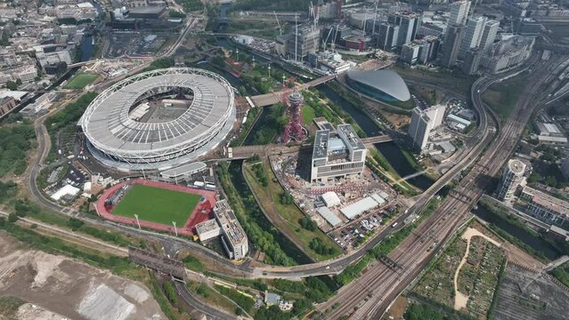Aerial fly drone bird eye view of Queen Elizabeth Olympic Park, Premiere league cup team West Ham, London Stadium.
