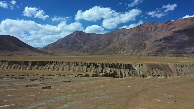 Scenic View Of Valley Of Sarchu Leh-Manali In Himachal Pradesh, India. Tilt-down Shot