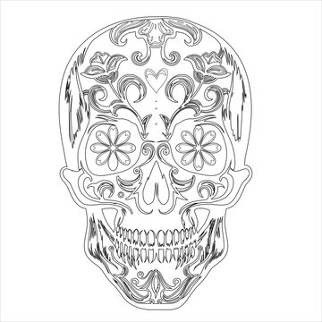 Sugar skull wreath of red roses. Coloring pages for adult. Day of the Dead Sugar Skull in Mexico. Dia de los Muertos Mexican national holiday, Dia de muertos mexican sugar skull