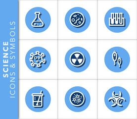 Icons and symbols set related to science with shadow on blue background. Vector isolated graphic.