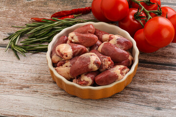Raw chicken hearts for cooking