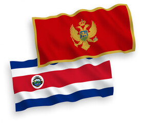 National vector fabric wave flags of Republic of Costa Rica and Montenegro isolated on white background. 1 to 2 proportion.