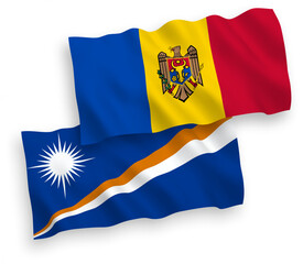 Fototapeta premium National vector fabric wave flags of Republic of the Marshall Islands and Moldova isolated on white background. 1 to 2 proportion.