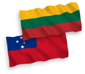 National vector fabric wave flags of Lithuania and Independent State of Samoa isolated on white background. 1 to 2 proportion.