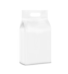 Realistic plastic stand bag with hand mockup. Vector illustration isolated on white background. Ready for your design. Suite for the presentation of diaper, pets, foods, household, wet wipes, etc.	