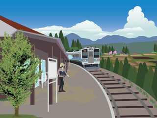 Fototapeta na wymiar 田舎の鉄道木造駅舎の夏風景と乗客