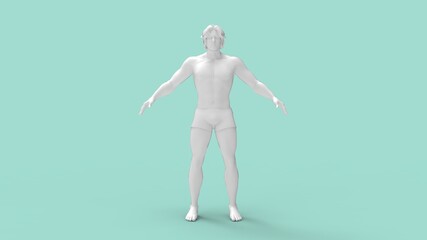 3D rendering of a sporty underwear posing masculine man human standing and posing in multiple views. COnfidence inspired healthy fitness animation render. Isolated in empty space background