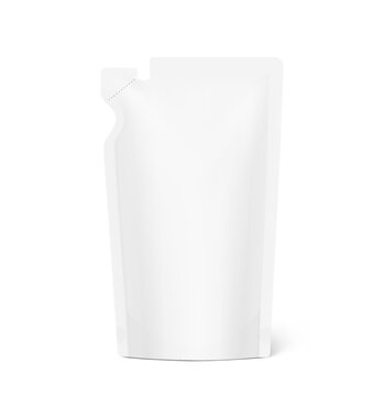 Pouch bag with torn curve corner. Vector illustration isolated on white background. Perfect for final pack shot. Can be use for refilling soap, liquids. The corner is easy to tear off by hand. EPS10.