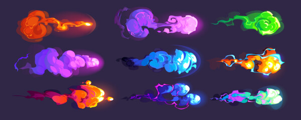 Gun effect, space blasters or magic explosion, colorful vfx clouds. beams and rays. Raygun futuristic alien weapon boom. Game or comic book smoke, fume or haze, Cartoon vector illustration, set © klyaksun