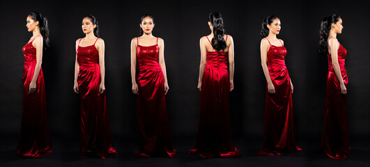 Full length body of Asian beautiful woman wear red evening sequin gown, 360 front side rear back