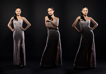Full length body of Asian beautiful woman wear white evening sequin gown, fashion vintage poses