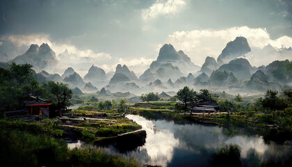 Beautiful landscape of a china landscape with mountains in the background and a river running through the scene - obrazy, fototapety, plakaty