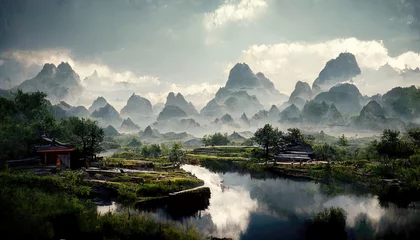 Foto op Canvas Beautiful landscape of a china landscape with mountains in the background and a river running through the scene © IntoArtwork