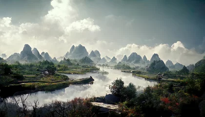 Fototapeten Beautiful landscape of a china landscape with mountains in the background and a river running through the scene © IntoArtwork