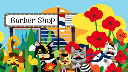 lucky cat  lucky cat style barber shop illustration	
