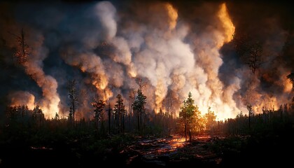 Beautiful landscape scene of a forest fire, smoke rising into the sky