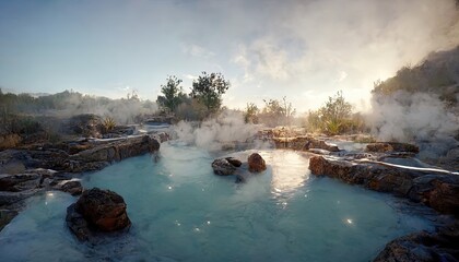 Beautiful landscape scene of a hot springs with steam rising - obrazy, fototapety, plakaty
