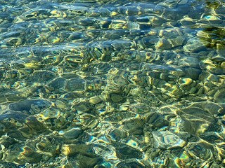 Fototapeta na wymiar Pebbles stones in transparent sea water. 