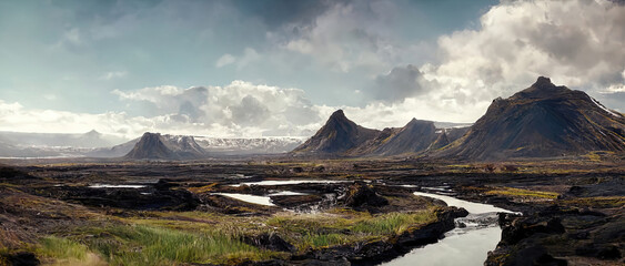 Beautiful landscape of an iceland scene, mountains and river - obrazy, fototapety, plakaty