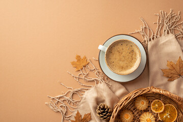 Obraz na płótnie Canvas Autumn aesthetic concept. Top view photo of cup of hot chocolate on saucer wicker tray with cookies dried orange slices autumn maple leaves scarf and pine cones on isolated beige background