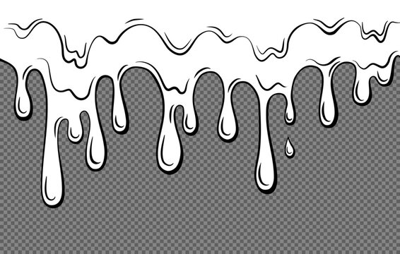 Dripping liquid outline on a transparent background. Contoured black and white illustration of a flowing viscous liquid. Wax, honey, slime. Vector.