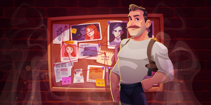 Police Inspector Or Private Detective On Background Of Board With Evidences. Vector Cartoon Illustration Of Investigator Character, Man With Gun In Holster And Cork Pinboard With Notes And Red String