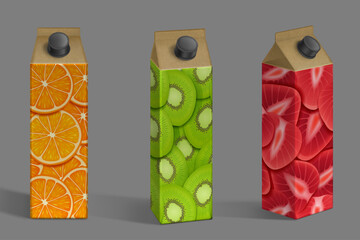 Juice package mockup, carton boxes with fruits print. Pack with orange, kiwi and strawberry front and angle view. Container for liquid production, isolated packing object, Realistic 3d vector mock up