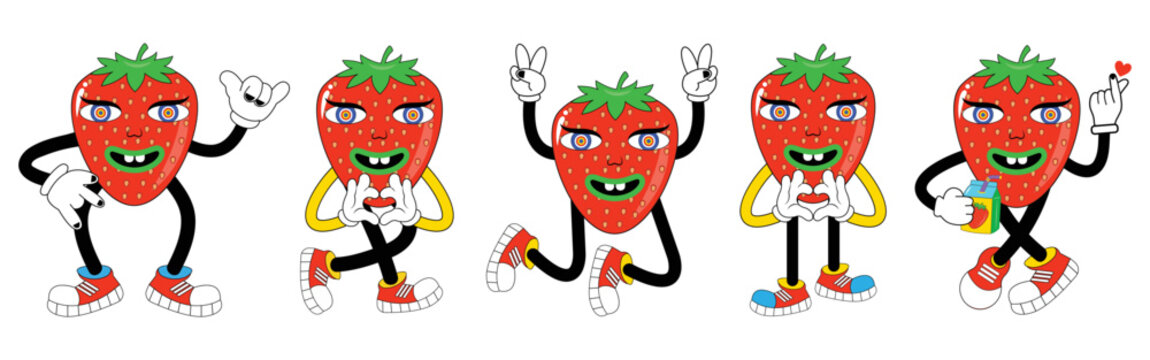 Strawberry funny cartoon characters in trendy retro style. Cartoon abstract groovy comic funny emoji characters. Cute comic doodle stickers, psychedelic sticker, hallucination weird shapes.
