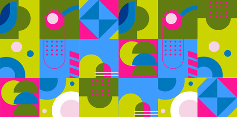Abstract geometric background. Bauhaus, Memphis minimalist retro poster graphic vector illustration. Abstract trendy pattern of square and round shapes.