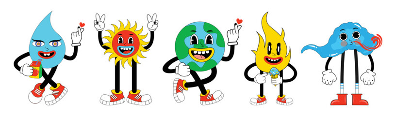 Funny cartoon sticker pack of fire, water drop, earth, wind, flower. Cartoon abstract groovy comic funny emoji characters. Cute comic doodle stickers, psychedelic sticker, hallucination weird shapes.