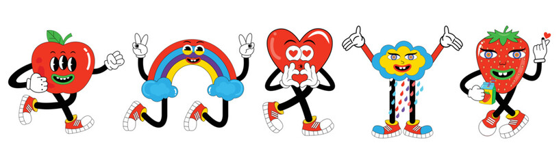 Funny cartoon characters in trendy retro style apple, rainbow, cloud, strawberry, and heart shape . Cartoon abstract groovy comic funny emoji characters. Hallucination weird creative modern shape.