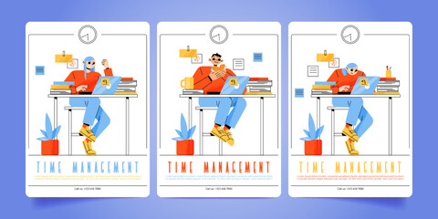 Fototapeta na wymiar Time management posters with people working in office or home workplace. Vector banners of time control with cartoon illustration of busy employees sitting at table with laptop