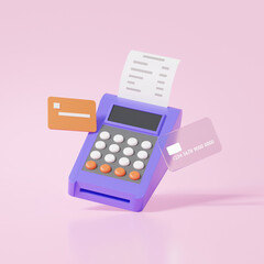 3D credit card payment POS terminal floating on pink background. bill business financial pay money transactions online shopping. minimal cartoon. 3d rendering illustration