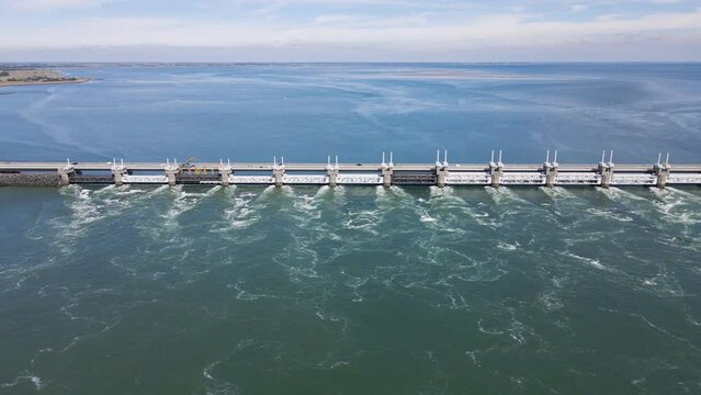 wide panoramic aerial view over the delta works with the enormous water locks on the oosterschelde near Zeeland in the netherlands