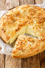 Traditional fugazzeta pizza with onion, mozzarella cheese and garlic closeup in the plate on the wooden table. Vertical