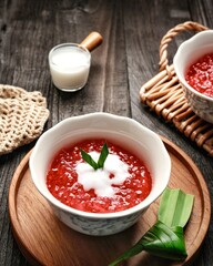 Bubur Mutiara, Bubur Sagu Mutiara, Indonesian Dessert Porridge. Made from pearl sago (sagu mutiara), sugar, pandan leaves, and coconut milk. Popular during Ramadhan. 